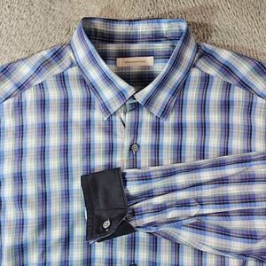 Ermenegildo Zegna Dress Shirt Men XL Flip Cuff Button Up Long‎ Sleeve Blue Plaid